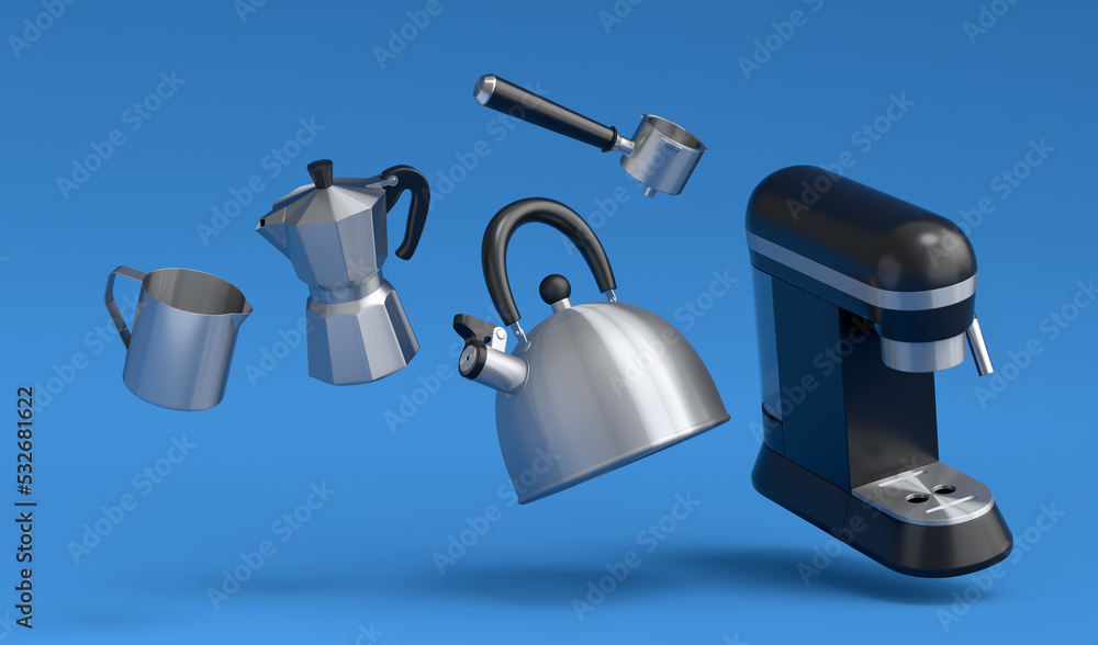 Espresso coffee machine with horn, kettle and geyser coffee maker on blue . Espresso coffee machine with horn, kettle and geyser coffee maker on blue .