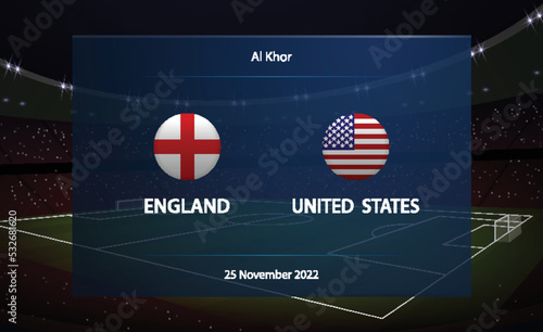 England vs United States. Football scoreboard broadcast graphic