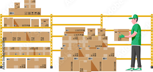 Warehouse shelves with boxes and mover