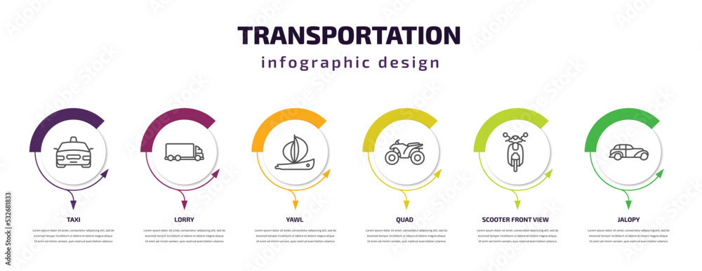 transportation infographic template with icons and 6 step or option. transportation icons such as taxi, lorry, yawl, quad, scooter front view, jalopy vector. can be used for banner, info graph, web,