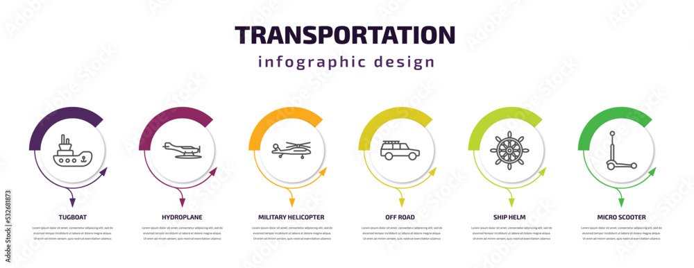 transportation infographic template with icons and 6 step or option. transportation icons such as tugboat, hydroplane, military helicopter, off road, ship helm, micro scooter vector. can be used for