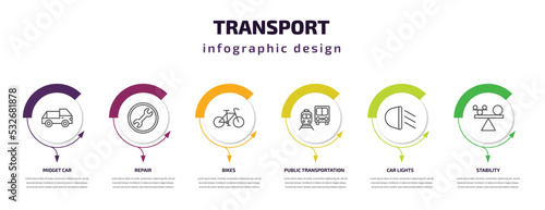 transport infographic template with icons and 6 step or option. transport icons such as midget car, repair, bikes, public transportation, car lights, stability vector. can be used for banner, info