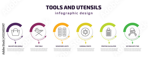 tools and utensils infographic template with icons and 6 step or option. tools and utensils icons such as bag with big handle, iron table, semaphore lights, cardinal points, printing calculator, key
