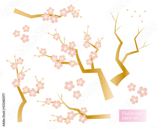 日本の植物 桃の花が咲き誇っている桃の木 和風のお洒落なイラスト パーツセット ベクター