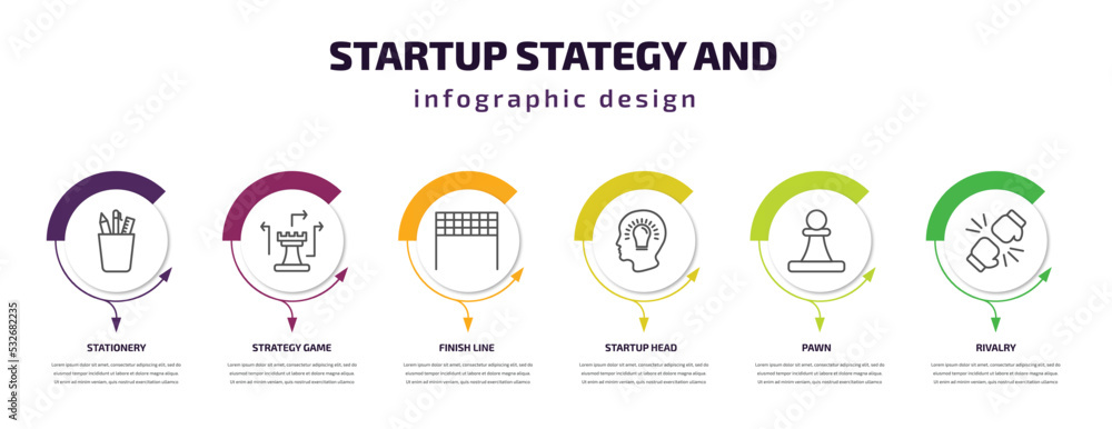 startup stategy and infographic template with icons and 6 step or option. startup stategy and icons such as stationery, strategy game, finish line, startup head, pawn, rivalry vector. can be used