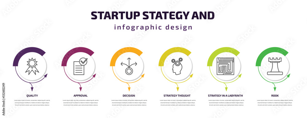 startup stategy and infographic template with icons and 6 step or option. startup stategy and icons such as quality, approval, decision, strategy thought, strategy in a labyrinth, rook vector. can