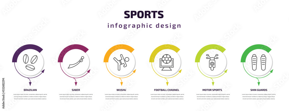 sports infographic template with icons and 6 step or option. sports icons such as brazilian, saber, wushu, football channel, motor sports, shin guards vector. can be used for banner, info graph,
