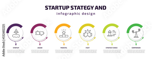 startup stategy and infographic template with icons and 6 step or option. startup stategy and icons such as startup, jigsaw, pedestal, fight, strategy choice, comparison vector. can be used for