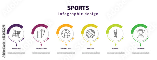 sports infographic template with icons and 6 step or option. sports icons such as fishing net, amonestation, football ball, gym ball, climber, champion vector. can be used for banner, info graph,