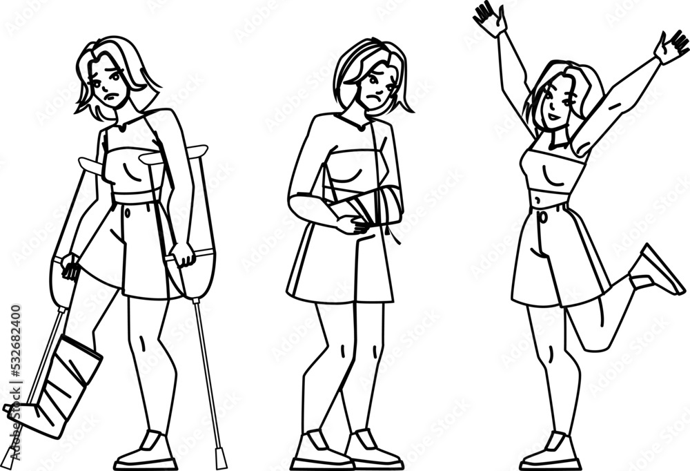 fracture woman line pencil drawing vector. leg hand broken, bone injury, accident pain, arm