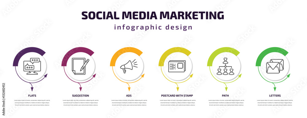 social media marketing infographic template with icons and 6 step or option. social media marketing icons such as flats, suggestion, ads, postcard with stamp, path, letters vector. can be used for