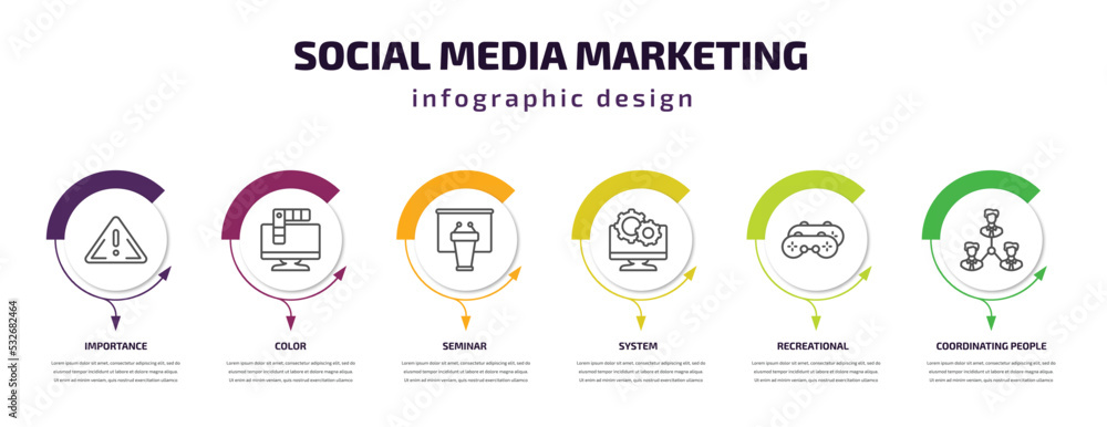 social media marketing infographic template with icons and 6 step or option. social media marketing icons such as importance, color, seminar, system, recreational, coordinating people vector. can be