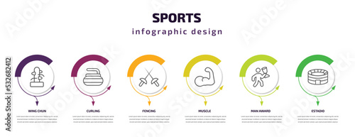 sports infographic template with icons and 6 step or option. sports icons such as wing chun, curling, fencing, muscle, man award, estadio vector. can be used for banner, info graph, web,