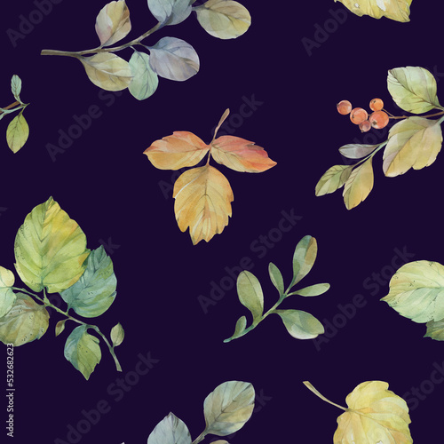 bright autumn leaves, seamless botanical pattern, watercolor leaves and branches on a blue background © Sergei