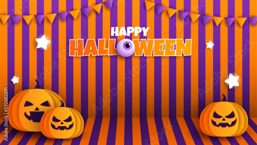 Happy Halloween Background vector illustration. Halloween hanging decoration with orange and purple stripes background.
