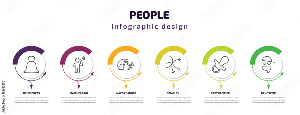 people infographic template with icons and 6 step or option. people icons such as bride dress, man hearing, waves danger, complex, baby pacifier, gangsters vector. can be used for banner, info