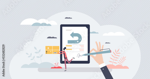 Return policy and send package back to get money refund tiny person concept. Shopping purchase compensation after customer guarantee terms vector illustration. Store receipt for unwanted product.