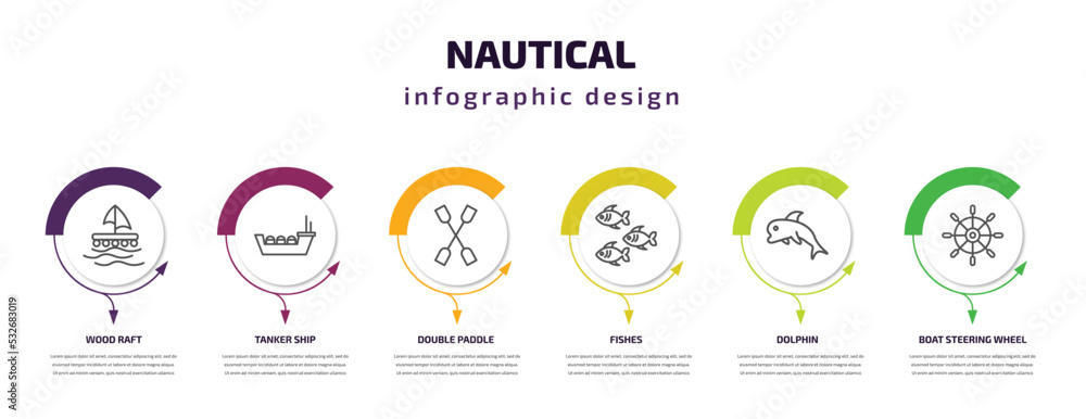 nautical infographic template with icons and 6 step or option. nautical icons such as wood raft, tanker ship, double paddle, fishes, dolphin, boat steering wheel vector. can be used for banner, info