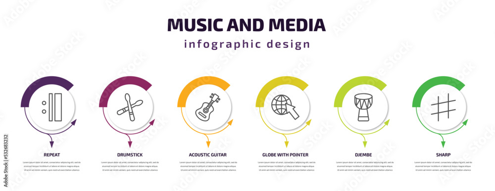 music and media infographic template with icons and 6 step or option. music and media icons such as repeat, drumstick, acoustic guitar, globe with pointer, djembe, sharp vector. can be used for