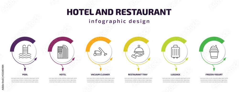 hotel and restaurant infographic template with icons and 6 step or option. hotel and restaurant icons such as pool, hotel, vacuum cleaner, restaurant tray, luggage, frozen yogurt vector. can be used