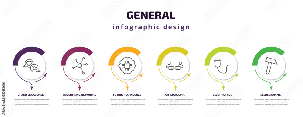 general infographic template with icons and 6 step or option. general icons such as brand engagement, advertising networks, future technology, affiliate link, electric plug, sledgehammer vector. can