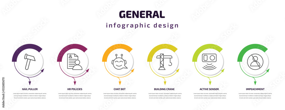 general infographic template with icons and 6 step or option. general icons such as nail puller, hr policies, chat bot, building crane, active sensor, impeachment vector. can be used for banner,