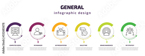 general infographic template with icons and 6 step or option. general icons such as computer vision, hr manager, ar presentation, build time, brand awareness, hr strategy vector. can be used for