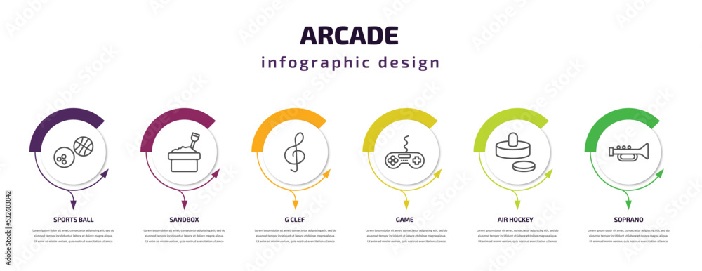 arcade infographic template with icons and 6 step or option. arcade icons such as sports ball, sandbox, g clef, game, air hockey, soprano vector. can be used for banner, info graph, web,