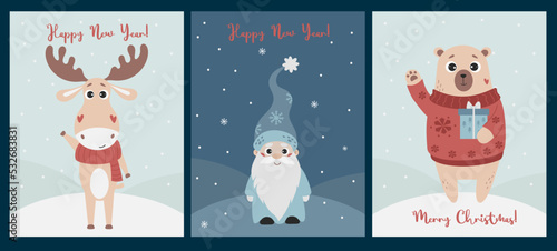 Collection of Merry Christmas and Happy New greeting cards design. With Christmas characters magic gnome, funny bear with gift and cute deer. Vector illustrations vertical templates.