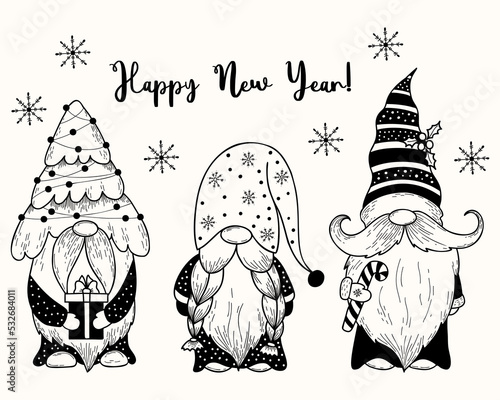 Cute christmas scandinavian gnomes. New year gnome with christmas tree, gift and caramel stick. Vector illustration. hand drawing doodle. Isolated characters for design, decor, greeting cards, print.