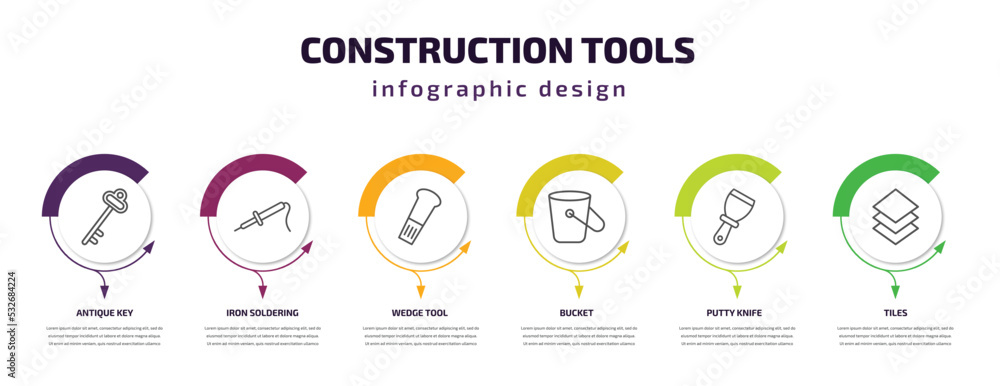 construction tools infographic template with icons and 6 step or option. construction tools icons such as antique key, iron soldering, wedge tool, bucket, putty knife, tiles vector. can be used for construction tools infographic template with icons and 6 step or option. construction tools icons such as antique key, iron soldering, wedge tool, bucket, putty knife, tiles vector. can be used for