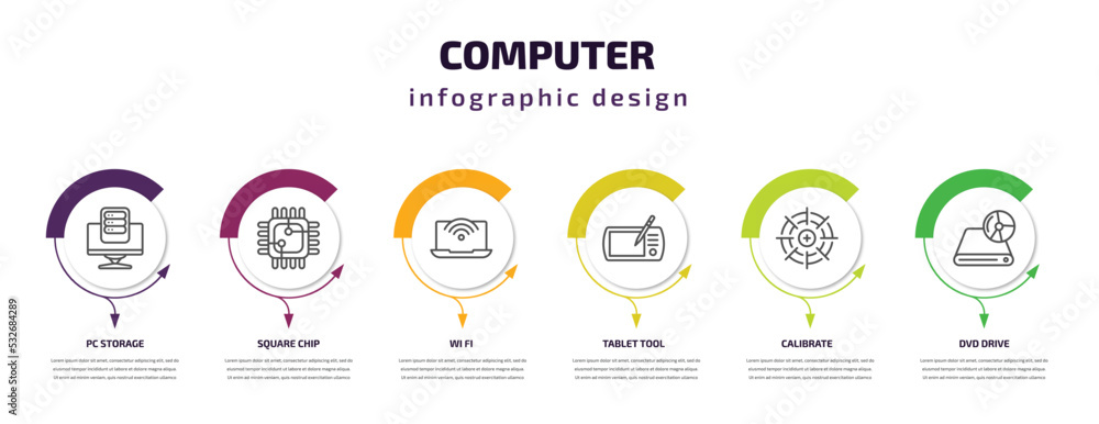 computer infographic template with icons and 6 step or option. computer icons such as pc storage, square chip, wi fi, tablet tool, calibrate, dvd drive vector. can be used for banner, info graph,
