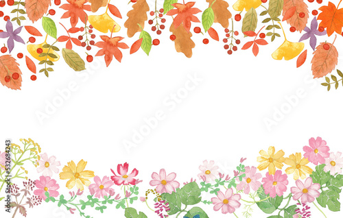 水彩絵の具で描いた秋の紅葉フレーム © Kiyosi