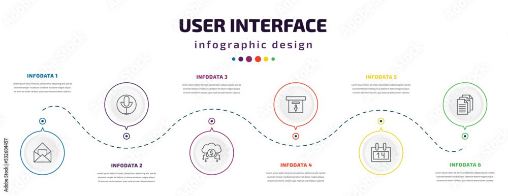 user interface infographic element with icons and 6 step or option. user interface icons such as open letter read email, record voice button, digital currency, download archive, daily calendar day user interface infographic element with icons and 6 step or option. user interface icons such as open letter read email, record voice button, digital currency, download archive, daily calendar day