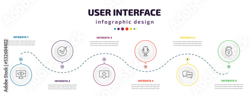 user interface infographic element with icons and 6 step or option. user interface icons such as vigilance, correct, favorites button, voice recording, bubble speech, unblocked vector. can be used
