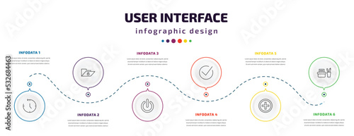 user interface infographic element with icons and 6 step or option. user interface icons such as anti clockwise, unlock folder, tiny power, tick box, round add button, office material vector. can be
