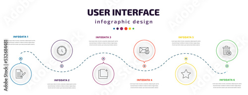 user interface infographic element with icons and 6 step or option. user interface icons such as written paper  hours  new tab button  unlock envelope  rounded point star  delete round button
