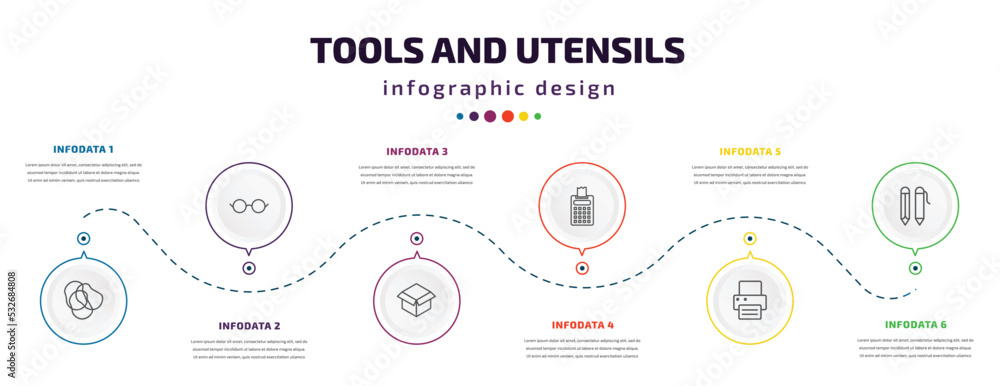 tools and utensils infographic element with icons and 6 step or option. tools and utensils icons such as rubber bands, reading glasses, open black box, printing calculator, print button, writing tools and utensils infographic element with icons and 6 step or option. tools and utensils icons such as rubber bands, reading glasses, open black box, printing calculator, print button, writing