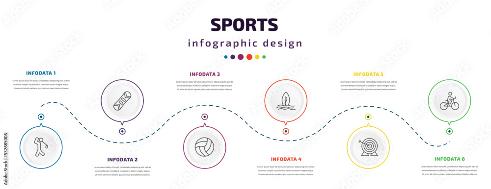 sports infographic element with icons and 6 step or option. sports icons such as golf player, snowboard, volleyball, surf, archery, bicycle rider vector. can be used for banner, info graph, web, sports infographic element with icons and 6 step or option. sports icons such as golf player, snowboard, volleyball, surf, archery, bicycle rider vector. can be used for banner, info graph, web,