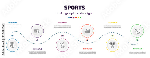 sports infographic element with icons and 6 step or option. sports icons such as long socks, board gaming, cartwheel, swimming man, badminton, ball arrow vector. can be used for banner, info graph,