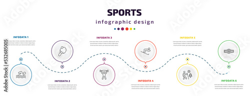 sports infographic element with icons and 6 step or option. sports icons such as swimming, table tennis, exercise gym, skiing down hill, adventure, boxer with belt vector. can be used for banner,