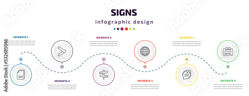 signs infographic element with icons and 6 step or option. signs icons such as copying, is greater than, panels, world grid, quotes, square hotel vector. can be used for banner, info graph, web,