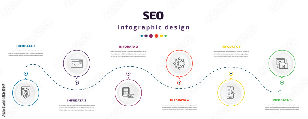 seo infographic element with icons and 6 step or option. seo icons such as html5, advertising bounce, mysql, copyright, app, testing vector. can be used for banner, info graph, web, presentations.