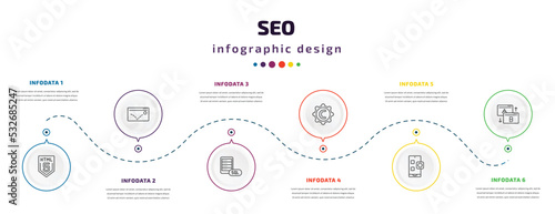 seo infographic element with icons and 6 step or option. seo icons such as html5, advertising bounce, mysql, copyright, app, testing vector. can be used for banner, info graph, web, presentations.