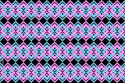 Linear geometric seamless pattern. Geometrical line diamond square in pink blue (pastel) on black background. Vector illustration.