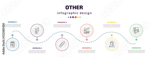 other infographic element with icons and 6 step or option. other icons such as notepad sheet, satelite antenna, office clip, church with bats, araba woman, idea business card vector. can be used for photo