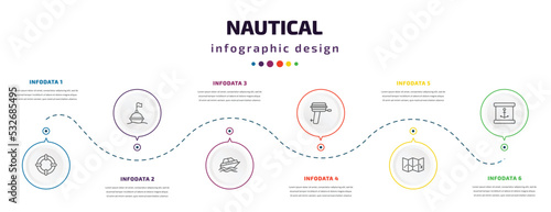 nautical infographic element with icons and 6 step or option. nautical icons such as life preserver, buoy, cruise ship, boat engine, treasure map, sea package vector. can be used for banner, info