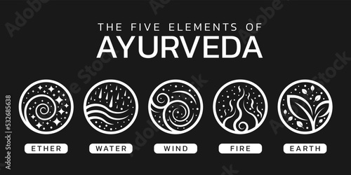 The Five elements of Ayurveda with ether, water, wind, fire and earth abstract circle white icon sign on black background vector design