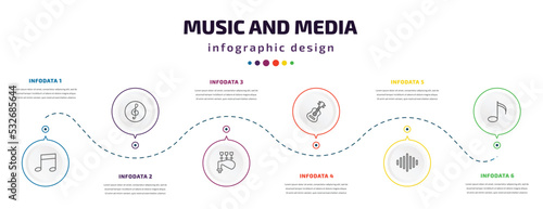 music and media infographic element with icons and 6 step or option. music and media icons such as eighth note, clef, bagpipes, acoustic guitar, acoustic, quaver vector. can be used for banner, info