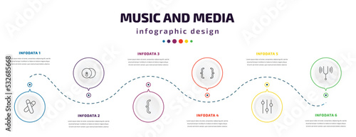 music and media infographic element with icons and 6 step or option. music and media icons such as clave, cymbals, bracket, brace, music player tings, tuning fork vector. can be used for banner,